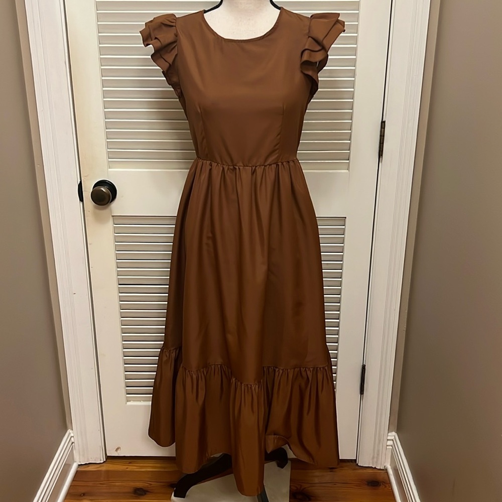 Sold on mercari.  SHEIN Tiered Ruffled Midi Dress in Brown, Size Small, EUC - Picture 3 of 17